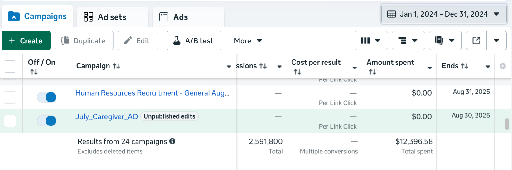 Meta Ads Manager 2024 — 2.5M results across 24 campaigns for $12,396